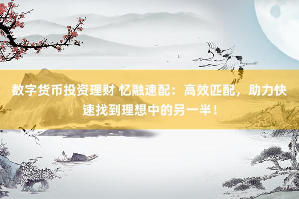 数字货币投资理财 忆融速配：高效匹配，助力快速找到理想中的另一半！
